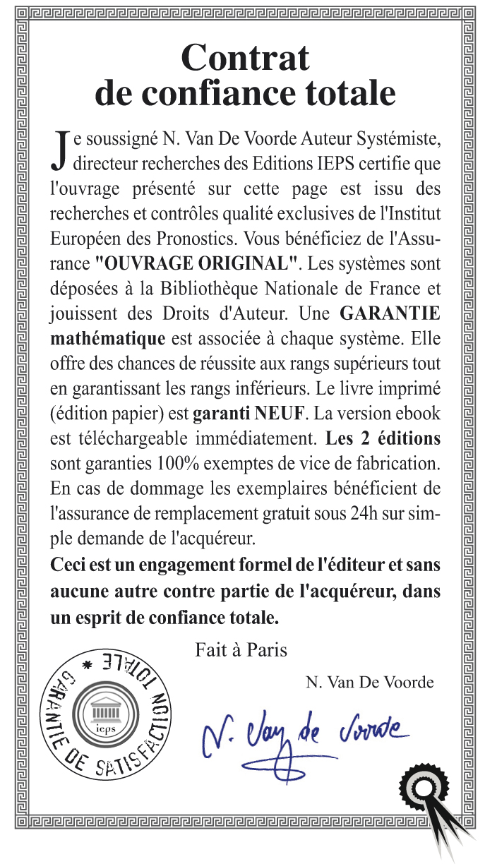 Keno Contrat de confiance totale. Ouvrage original. Garantie mathématique. Engagement Éditeur sans aucune contre-partie ! Garantie de satisfaction totale ! 